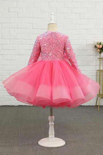 Fuchsia Tulle Lantejoulas Vestido de menina de flor